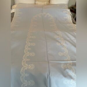 Beautiful Vintage double damask 2 sided cotton white  Cream and Blue Tablecloth
